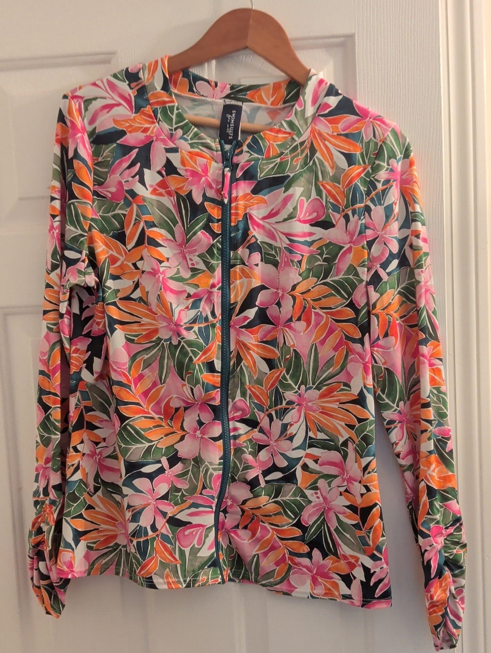 Swimsuits For All Floral Bomber Jacket Black & Pink Medium Like New